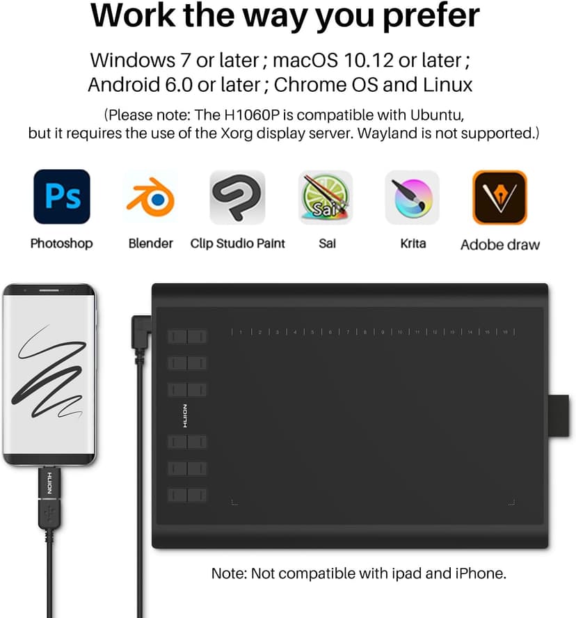 HUION Inspiroy H1060P Graphics Drawing Tablet with 8192 Pressure Sensitivity Battery-Free Stylus and 12 Customized Hot Keys, 10 x 6.25 inches Digital Art Tablet for Mac, Windows PC and Android