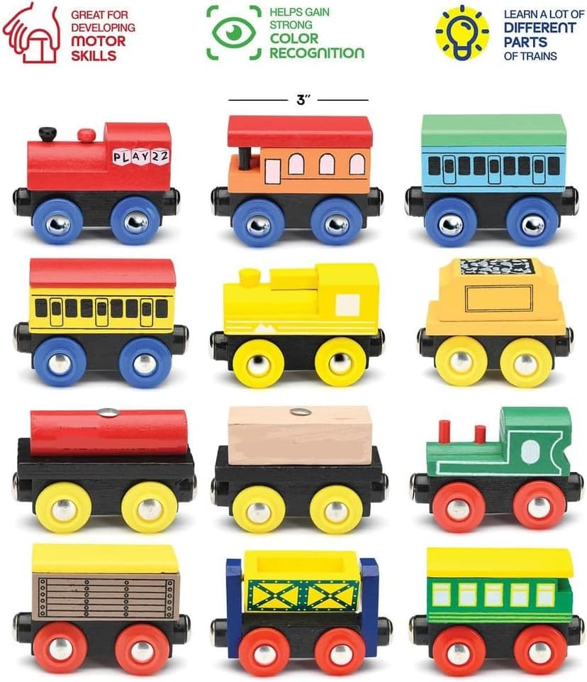 Wooden Train Set 12 PCS - Train Toys Magnetic Set Includes 3 Engines - Toy Train Sets For Kids Toddler Boys And Girls - Compatible With All Major Brands - Original - By Play22