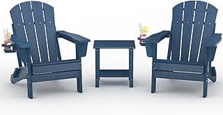 GarveeLife Folding Adirondack Chair Set of 2 with Side Table, All-Weather HDPE Outdoor Chair, Wooden Textured with Cup Holder for patios, Decks, Gardens, fire pits, Navy Blue