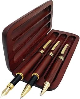 3 Pcs Wooden Pens Set with Gift Case/Best Writing Fountain Fancy Ballpoint Pen and Luxury Gel Pen with Ink Refills, Promotional Business Designer Pens