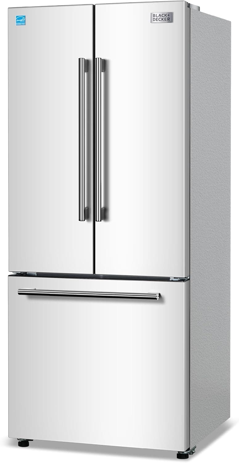 BLACK+DECKER 16 Cu. Ft. French Door Refrigerator with Built-in Ice Maker, Full Size Refrigerator with Bottom Mount Freezer Drawer, ENERGY STAR certified, White