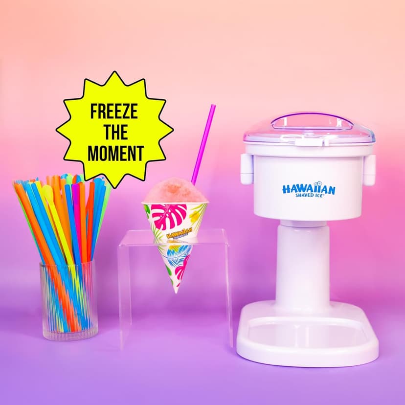 Hawaiian Shaved Ice S700 Kid-Friendly Snow Cone Machine Kit with 3-16oz. Syrup Flavors: Cherry, Grape, and Blue Raspberry, Plus 25 Snow Cone Cups, 25 Spoon Straws, and 3 Black Bottle Pourers