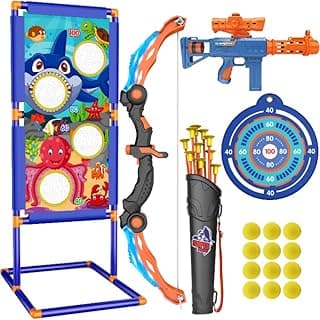KKONES Kids Bow and Arrow Set, 2 in 1 Shooting Game with LED Light Up Archery Toy, Foam Balls, Suction Cup Arrows, Target, Quiver, Indoor Outdoor Toys for Kids Boys Girls Gifts