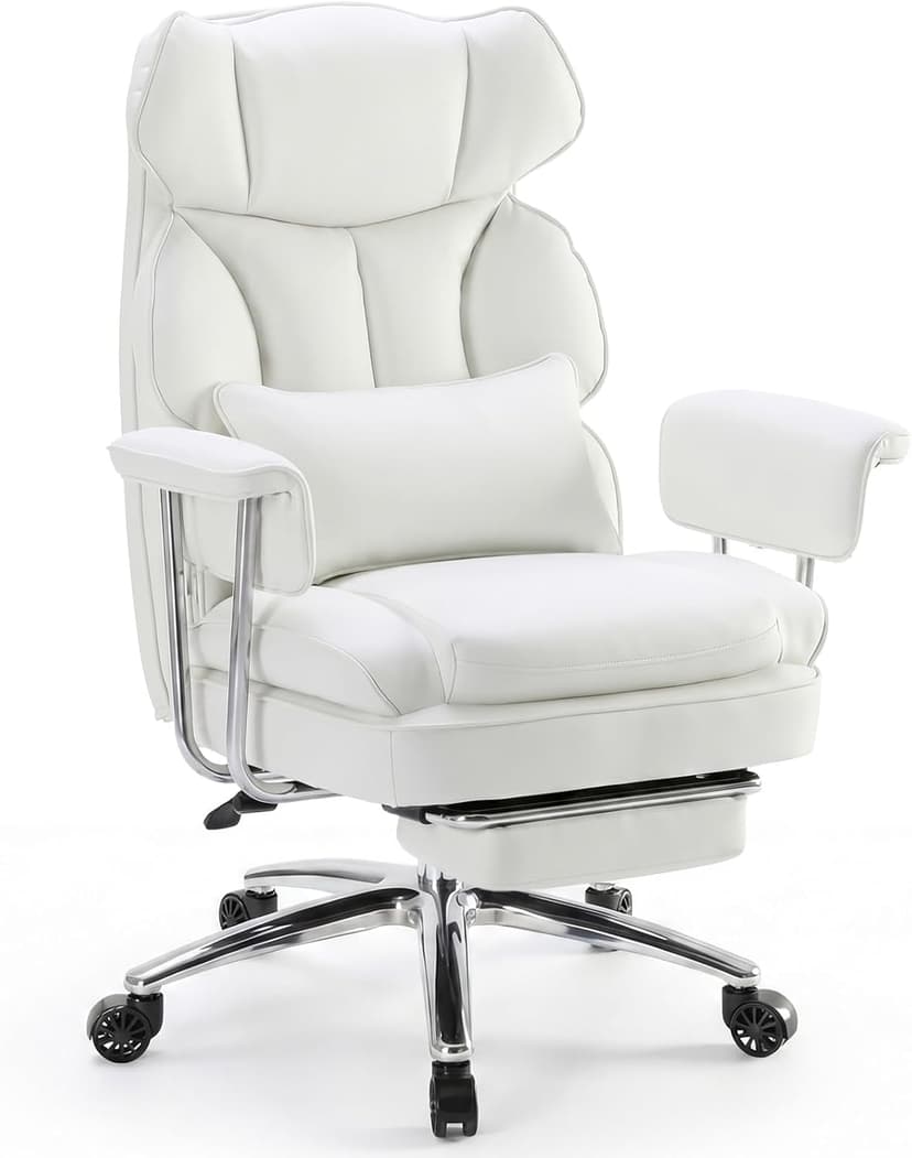 Sweetcrispy Executive Home Office Desk Chair - Ergonomic Big Tall High Back with Footrest & Lumbar Support, Reclining Height Adjustable, Comfy PU Leather Computer Gaming with Swivel Wheels, White
