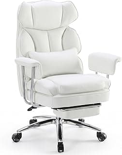 Sweetcrispy Executive Home Office Desk Chair - Ergonomic Big Tall High Back with Footrest & Lumbar Support, Reclining Height Adjustable, Comfy PU Leather Computer Gaming with Swivel Wheels, White