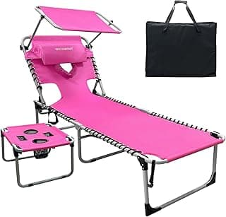 Outdoor Tanning Chair with Sun Canopy Shade & Face Hole, Folding Lounge Chair with Beach Table and Carry Bag for Poolside Sunbathing Lawn