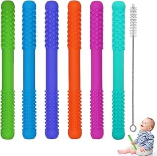 Hollow Teething Tubes Toys for Babies Girls Boys, 6 Pack Silicone Baby Teether Toy Tube for Infants with Nursing Biting Chewing, Chew Straws for Toddlers 6-12 Months (Style A)