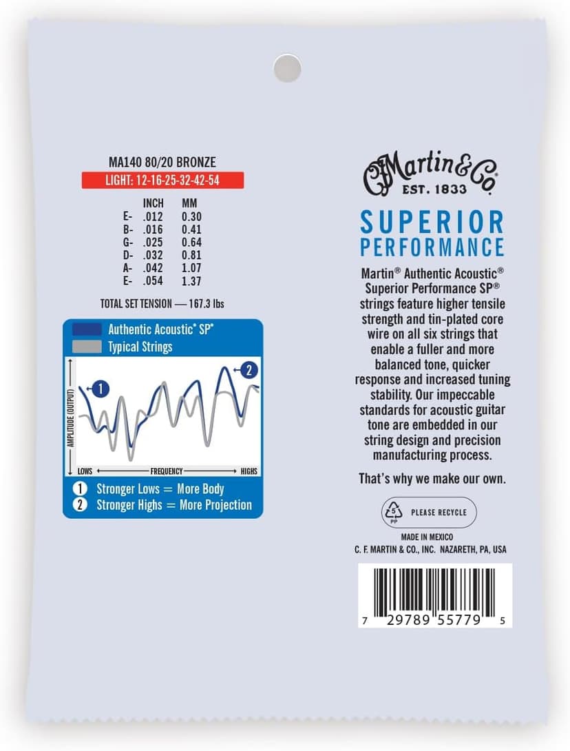 MARTIN Authentic Acoustic Guitar Strings, Superior Performance Light 12-54, 80/20 Bronze