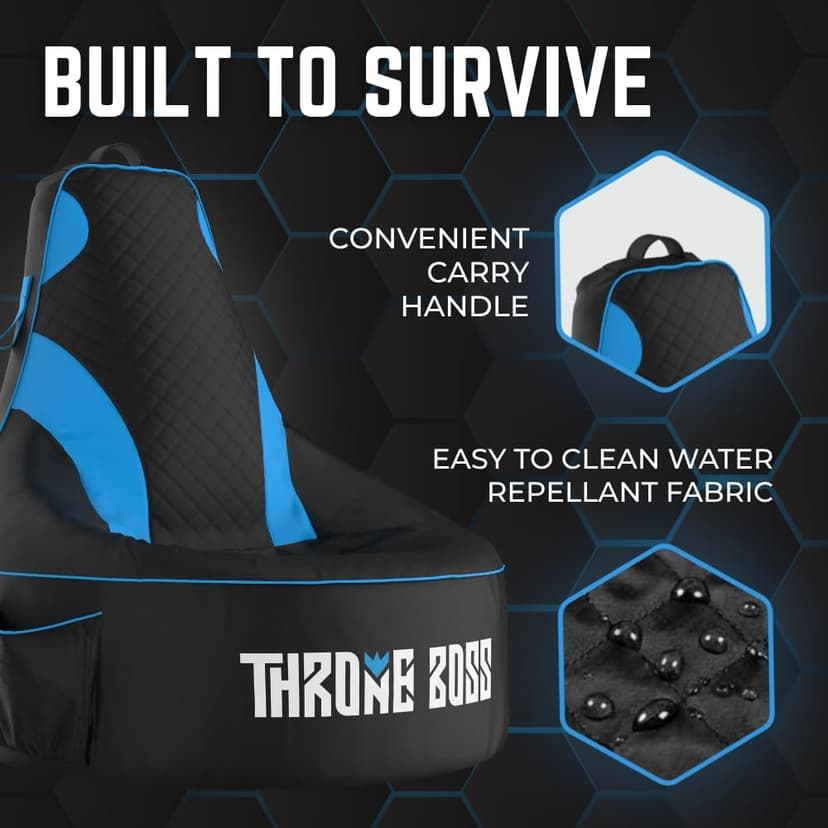 Throne Boss Gaming Bean Bag Chair Cover for Kids with High Back, Blue – Gamer Chair for Kids with 2 x Large Side Pockets, Headphone Hanger, Easy to Clean Fabric, Requires 200 Liters Polystyrene Beans