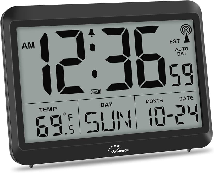 WallarGe Atomic Digital Wall Clock Battery Operated, Self-Setting, Large Display with Temperature, Date, Day of The Week, Silent Wall Mount Digital Clock, 4 Time Zones, DST