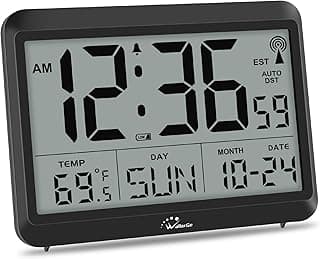 WallarGe Atomic Digital Wall Clock Battery Operated, Self-Setting, Large Display with Temperature, Date, Day of The Week, Silent Wall Mount Digital Clock, 4 Time Zones, DST