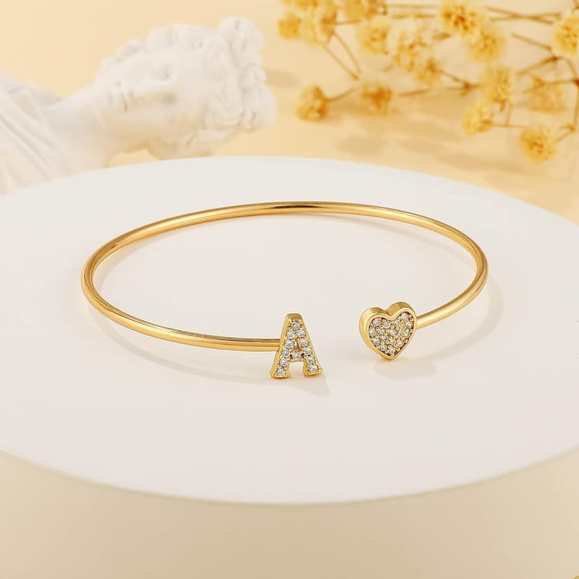 Adjustable Open Cuff Bracelet, Dainty Letter Jewelry, Daughter Sister Bridesmaid Friend, Birthday Christmas Graduation Gift Gold Bracelets for Women Teen Girls, 14K Gold Plated Initial Heart Bangle B0BN2VW1K4