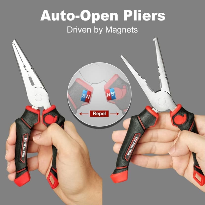 SNAIL TRAIL 7'' Fishing Pliers, Angled Head Split Ring Pliers, Auto-Open by Magnets, Corrosion Resistant Fish Hook Remover, Saltwater Crimping Shot & Wire Cutter Tool