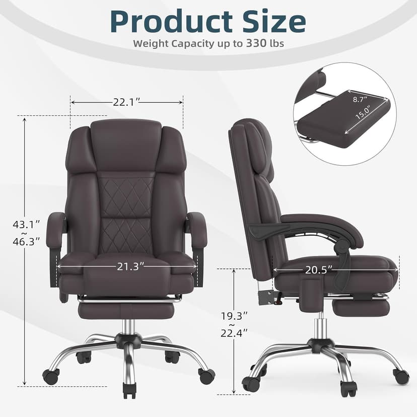 HOMREST 6-Point Massage Office Chair with Heat, Ergonomic Reclining Desk Chair with Footrest, PU Leather Executive Chairs for Home Office, Massaging Computer Chair Gift for Men, Brown