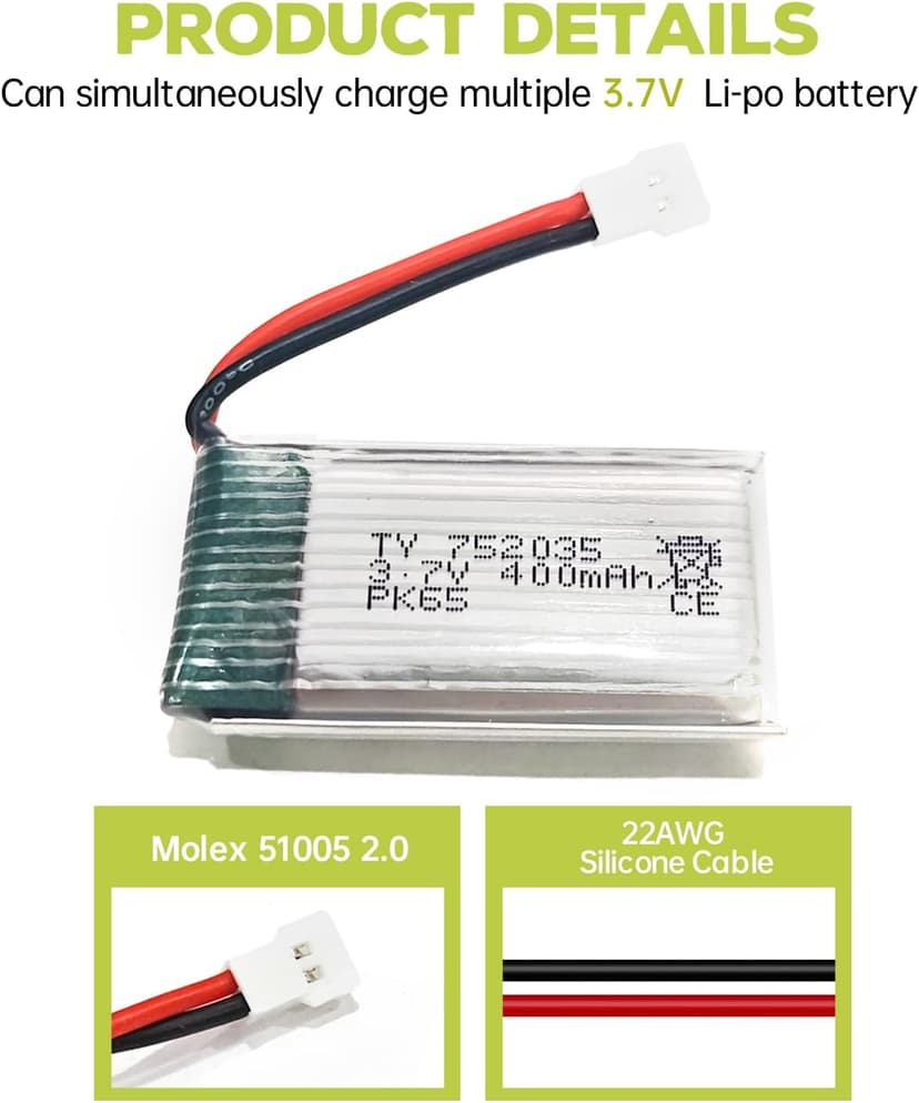5PCS 3.7V 400mAh Lithium Battery with 5 in 1 Charger for SYMA Q11 H99W H31 H6C H98 AT-96 TR-C385 TR-P51 TR-F22 Quadcopter Spare Parts Aircraft Model Drone Battery (Black)