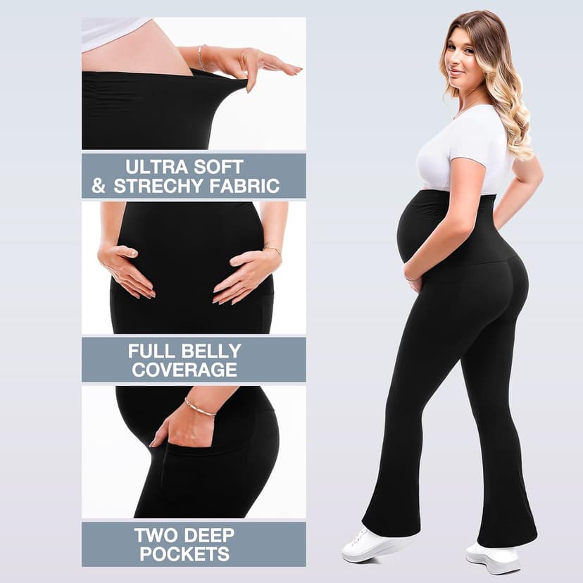 Pregnancy Pants, Buttery Soft, High Waisted, Over The Belly, Highly Stretchy, Fall Fashion Clothes, Yoga, for Casual Wear Leafigure Maternity Flare Leggings with Pockets B0F5HNGVG7