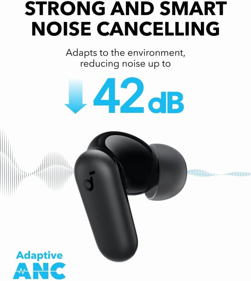 Soundcore P30i by Anker Noise Cancelling Earbuds, Strong and Smart Noise Cancelling, Powerful Bass, 45H Playtime, 2-in-1 Case and Phone Stand, IP54, Wireless Earbuds, Bluetooth 5.4 (Black)