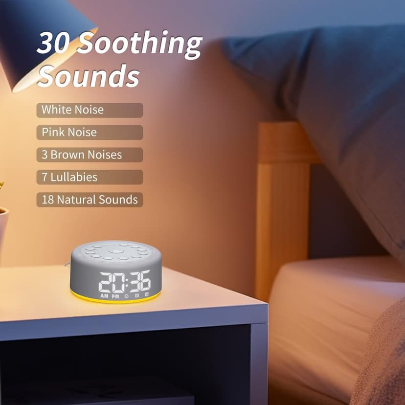 Sound Machine Alarm Clock Brown Noise White Noise Machine Night Light with Dual Alarms Backup Battery 30 Sleeping Sounds for Baby Kids Adults 32 Level Volume 5 Timers 15 Wake Up Sounds Memory Function