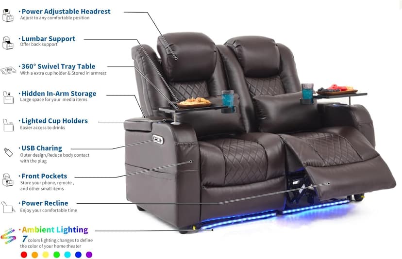 Airadlis Home Theater Seating Seats Dual Power Movie Theater Chairs Theater Recliner Sofa with 7 Colors Ambient Lighting, Lumbar Pillow, Side Pocket, Tray Table,Type-C USB Charge