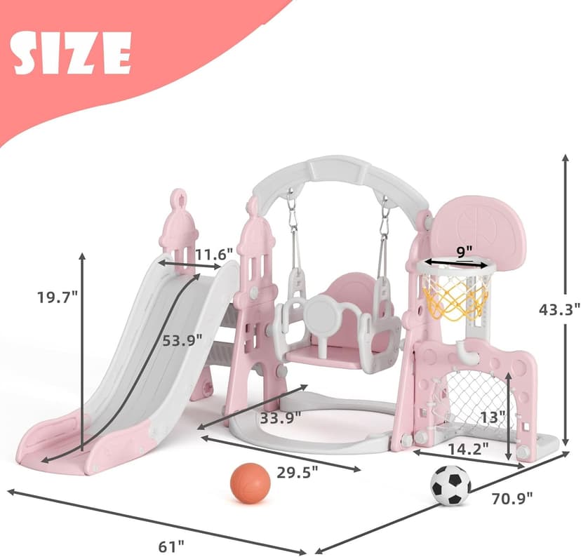XJD 6-in-1 Toddler Slide and Swing Set, Kids Slide for Toddlers Age 1+, Toddler Outdoor Playset with Basketball Hoop, Football Frame, Swing, Outdoor Indoor Playground for Toddlers 1-3 (Pink)