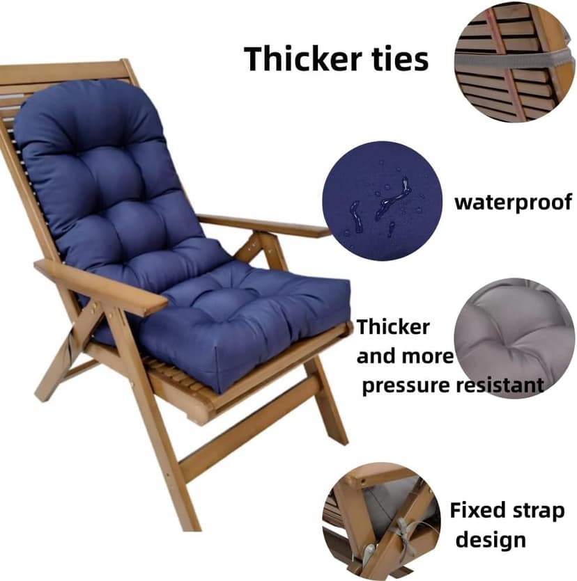Adirondack Chair Cushion, Waterproof Indoor/Outdoor Rocking Chair Cushion ，44inch/48inch High Back Patio Cushions with Ties，Waterproof，Sunscreen and Fade-Resistant (Navy Blue, 44x20in)