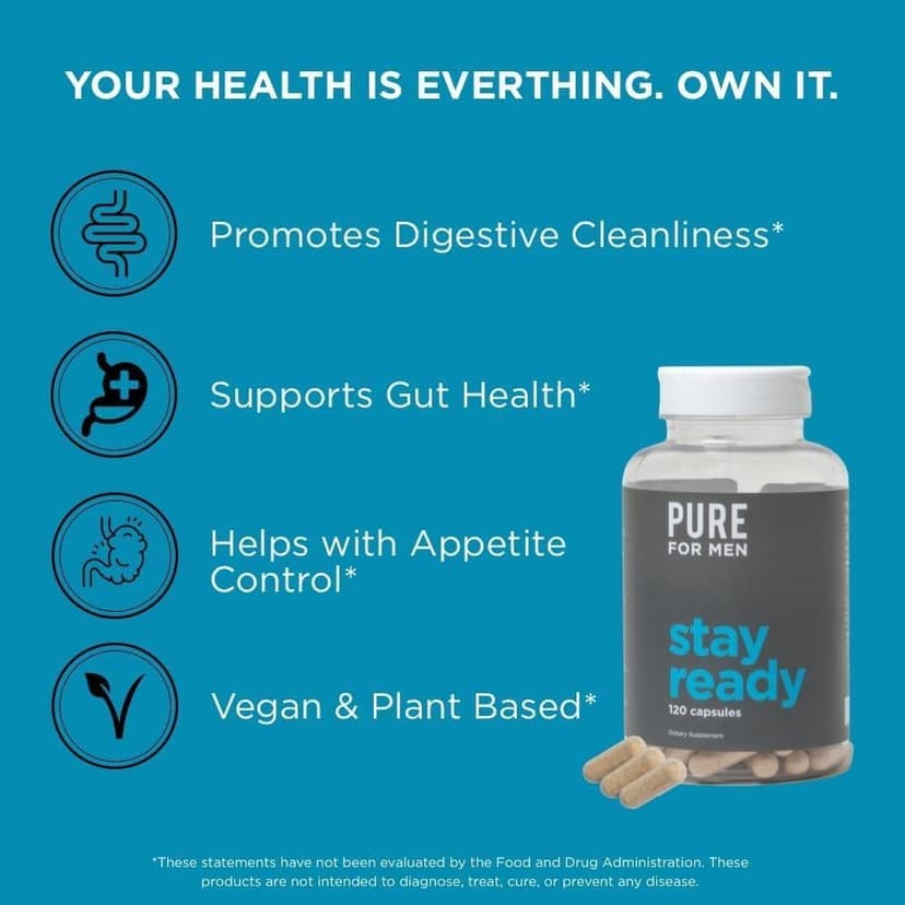 Pure for Men Pure for Men Original Vegan Cleanliness Stay Ready Fiber Supplement | Helps Promote Digestive Regularity | Psyllium Husk, Aloe Vera, Chia Seeds, Flaxseeds | Proprietary Formula | 120 Vegan Capsules