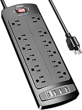 Power Strip, ALESTOR Surge Protector with 12 Outlets and 4 USB Ports, 6 Feet Extension Cord (1875W/15A), 2700 Joules, ETL Listed, Black