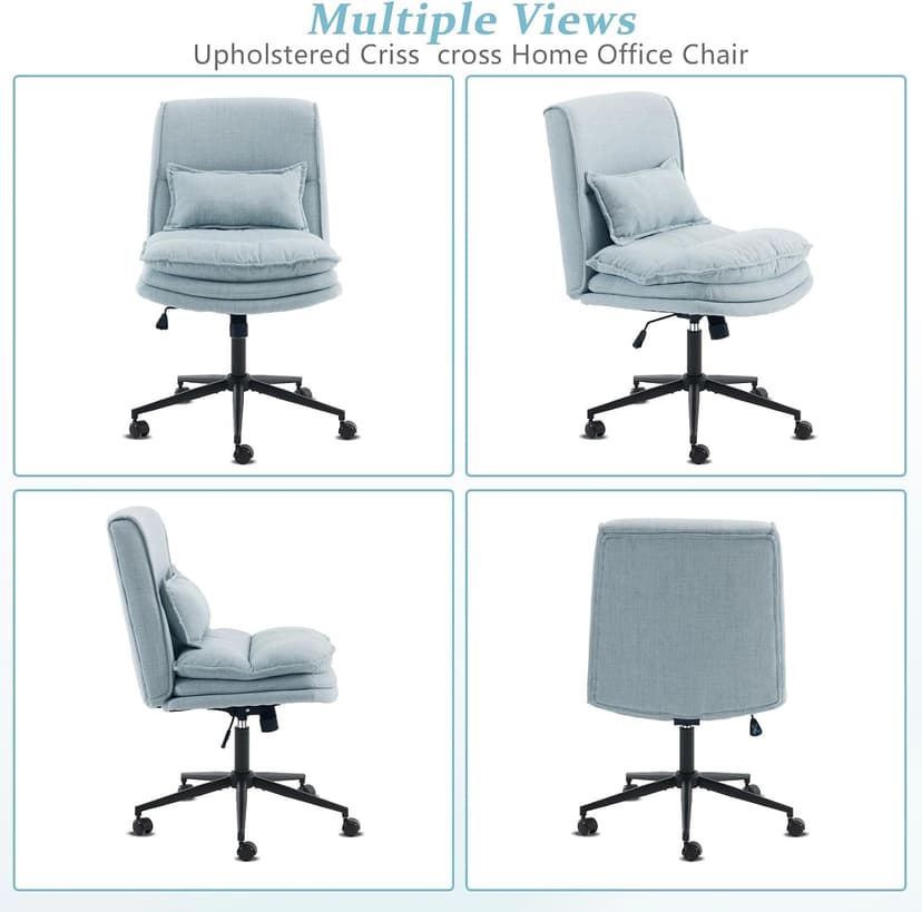 VINGLI Cloud Criss Cross Legged Chair,18" High Back Armless Home Office Desk Chair with Wheels,Wide Adjustable Comfy Padded Seat Task Computer Chair,Modern Swivel Makeup Vanity Chair,Fabric,Blue