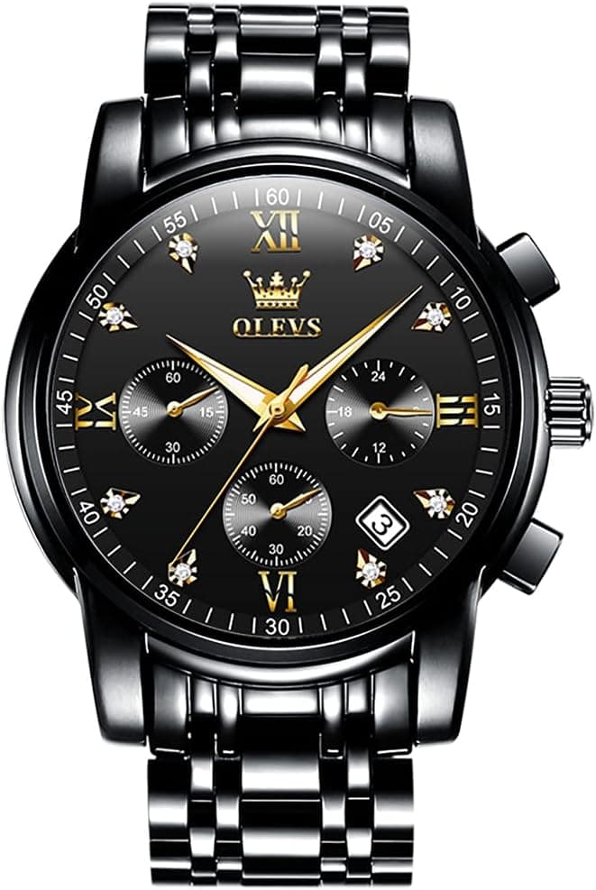 OLEVS Men's Stainless Steel Chronograph Watch, Big Face Gold Silver Black Tone Easy to Read Analog Quartz Watch, Luxury Waterproof Date Diamond Roman Arabic Numerals Dial Dress Watch for Men