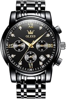 OLEVS Men's Stainless Steel Chronograph Watch, Big Face Gold Silver Black Tone Easy to Read Analog Quartz Watch, Luxury Waterproof Date Diamond Roman Arabic Numerals Dial Dress Watch for Men