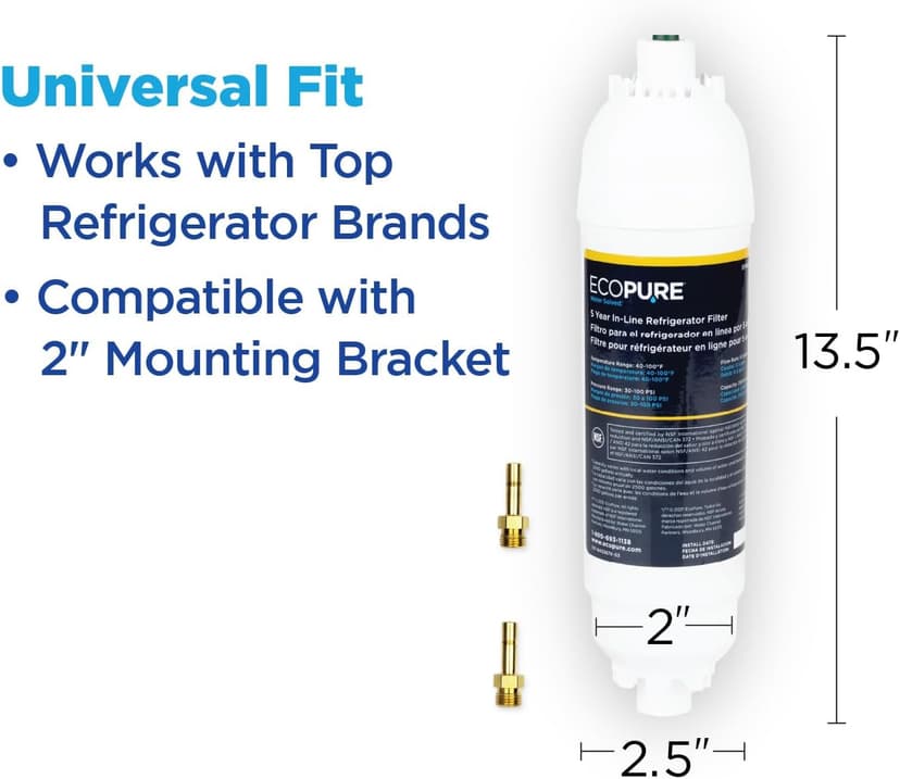 EcoPure EPINL30 5-Year In-Line Refrigerator Water Filter – Universal Fit for Most Fridges, Ice Makers, RVs & Boats – Reduces Chlorine Taste & Odor – Easy DIY Install with 1/4" Fittings