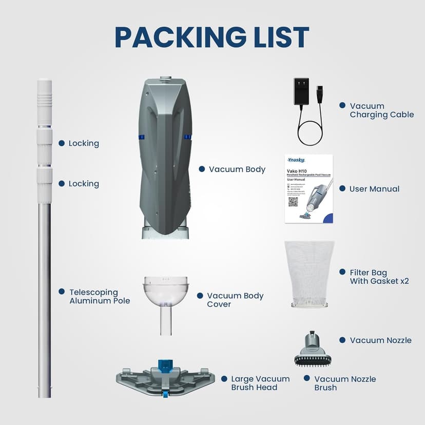 Cordless Pool Vacuum for Above Ground Pool with Telescopic Pole, 18.5 GPM Powerful Suction, Upgraded 60 Mins Runtime, Rechargeable Handheld Pool Cleaner with 2 Brush Heads for Inground Pools