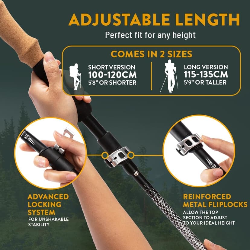 Premium Foldable Hiking Poles by USA Brand - Adjustable, Lightweight Trekking Poles Made of Aircraft Aluminum, Metal Flip Locks & Comfortable Real Cork and EVA Foam Grips