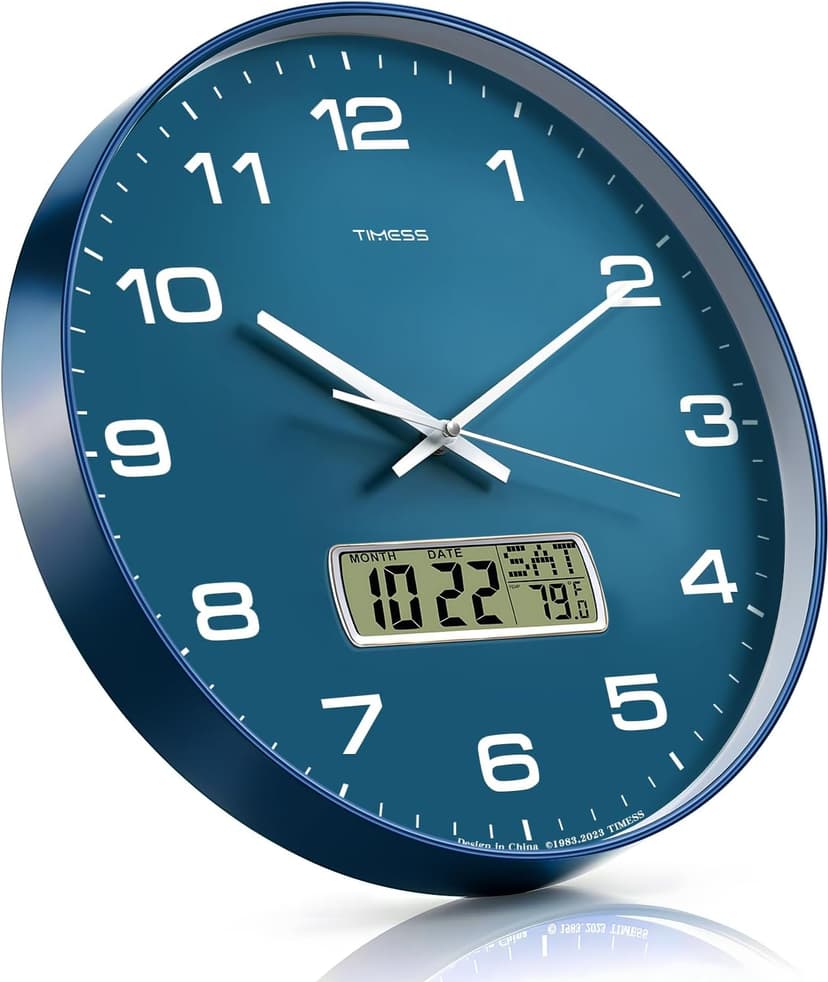 TIMESS Wall Clock, 12" Dial Non-Ticking Silent Battery Operated Analog with LCD Display for Perpetual Calendar and F° Temperature, Ideal Modern Home, Bedroom, Kitchen, Office Decor (Blue)