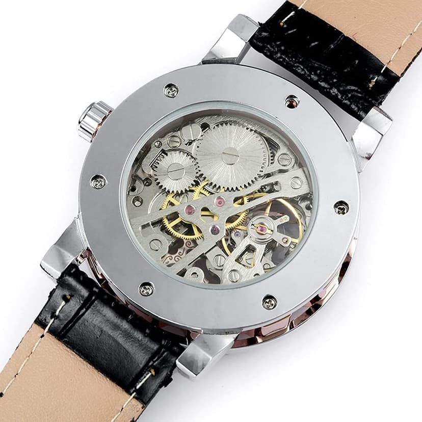 Weicam Men's Fashion Mechanical Wristwatch Transparent Dial with Skeleton Design Leather Band Automatic Manual-Winding Watch