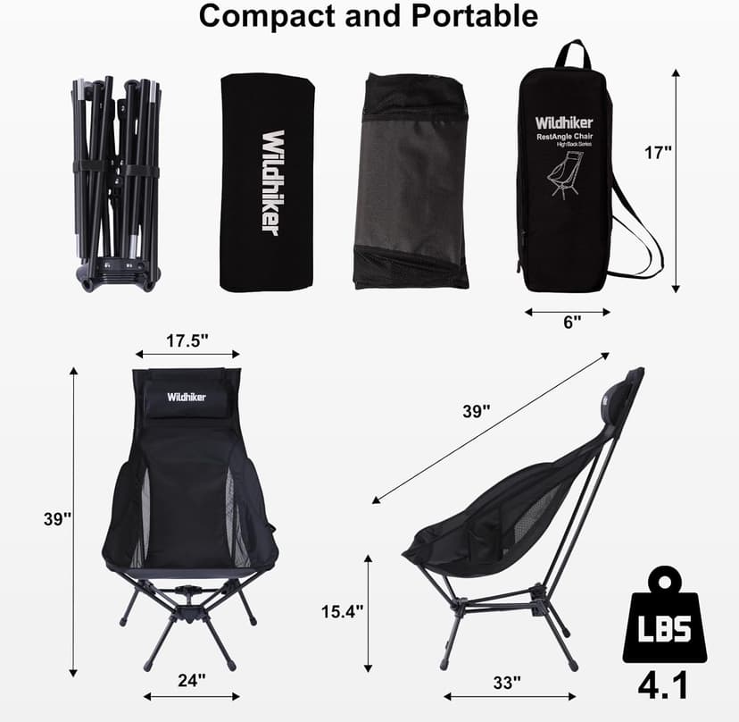 Wildhiker Portable Compact Folding Camping Chairs – Lightweight High Back with Pillow, Deep Recline, ArmPads, Side Pockets-for Motorcycle, RV, Backpacking, Travel, Festival – Black