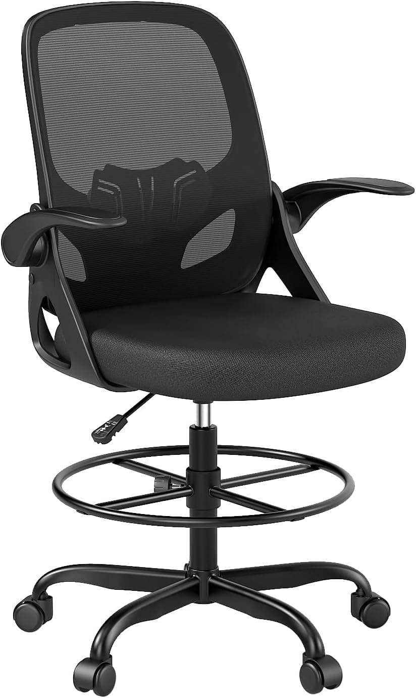 Kensaker Drafting Chair Tall Office Chair, Ergonomic Standing Desk Chair with Adjustable Foot Ring and Flip-up Armrests, Mesh Computer Chair for Art Studio, 300 LBS, Black