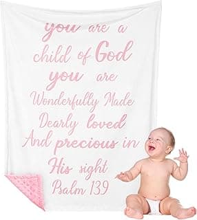 Rtteri Christian Gift for Baby Plush Baby Blanket with Dotted Backing First Communion Gift Baptism Blanket Scripture Swaddle Bible Verse for Newborn Boy Girl Christening Godchild Gift(Pink and White)