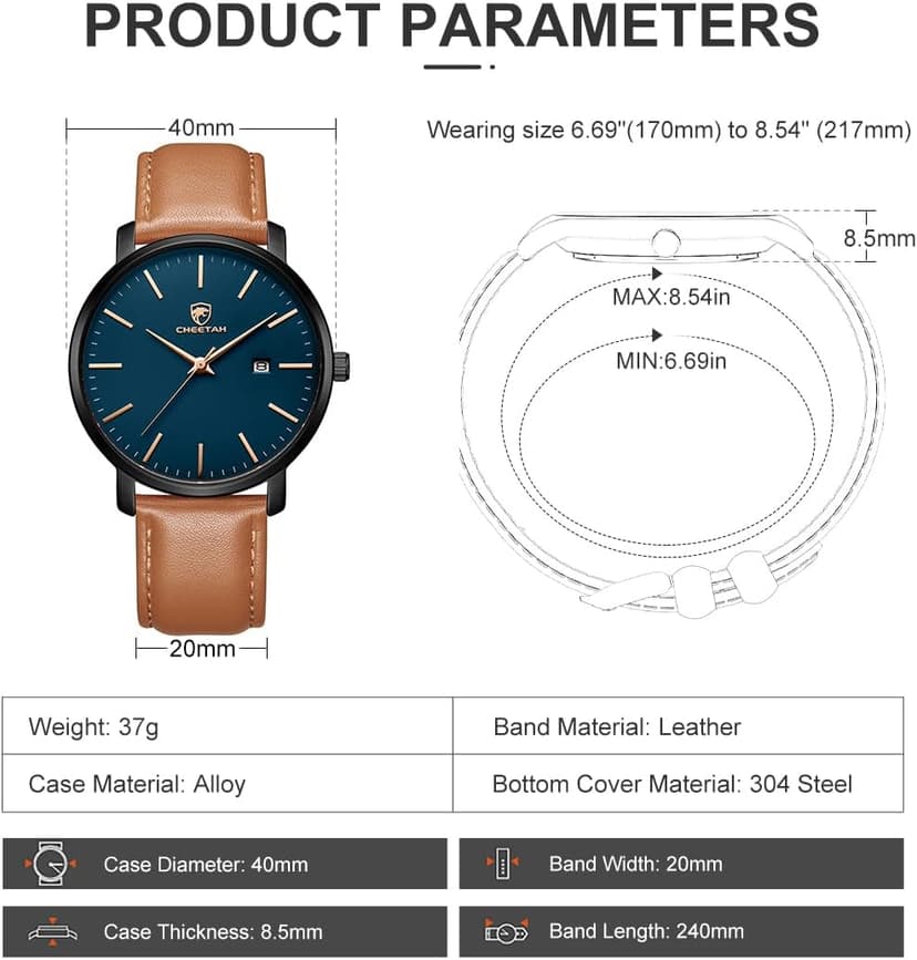CHEETAH Minimalist Waterproof Quartz Watches for Men with Leather Strap, Auto Date
