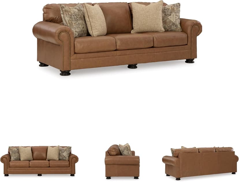 Signature Design by Ashley Carianna Classic Leather Match Sofa with Nailhead Trim, Dark Brown