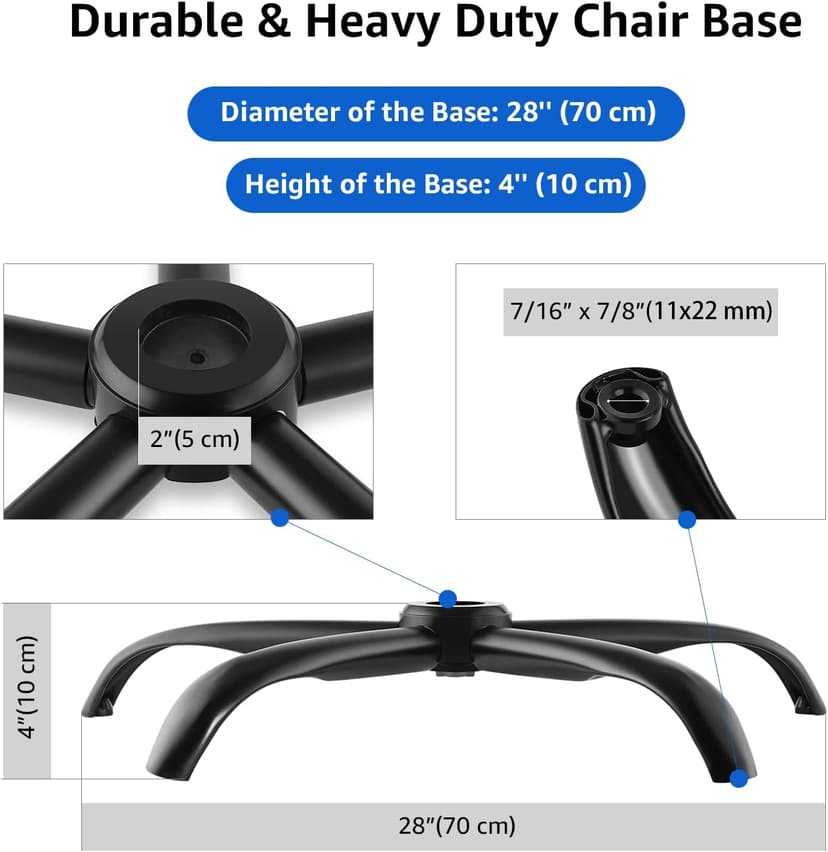 MASTERY MART Heavy Duty Office Chair Base Replacement, 2500 Lbs, 28"(70 cm), Metal Desk Chair Base Replacement Parts with Universal Gas Cylinder Hole and Casters Sockets, Matte Black
