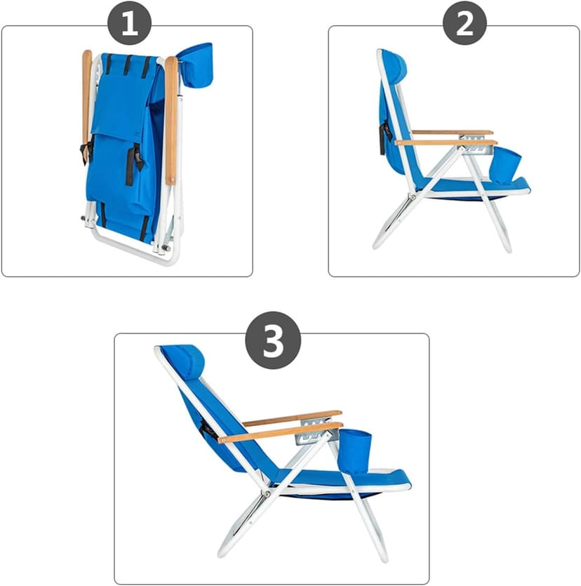 Generic Folding Beach Chair Camping Chair, Modern Style, Blue, Solid, Four Reclining Positions, Travel-Friendly Design, Plush Headrest, Wooden Armrests, Built to Last, Supports Up to 265 lbs