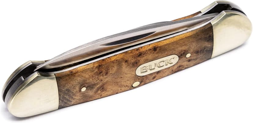 Buck Knives 389 Canoe 2-Blade Folding Pocket Knife, Burlwood Inlay Handle with Nickel Silver Bolsters, 420J2 Steel Spear and Pen Blades, EDC Pocket Knife, 2.7 oz