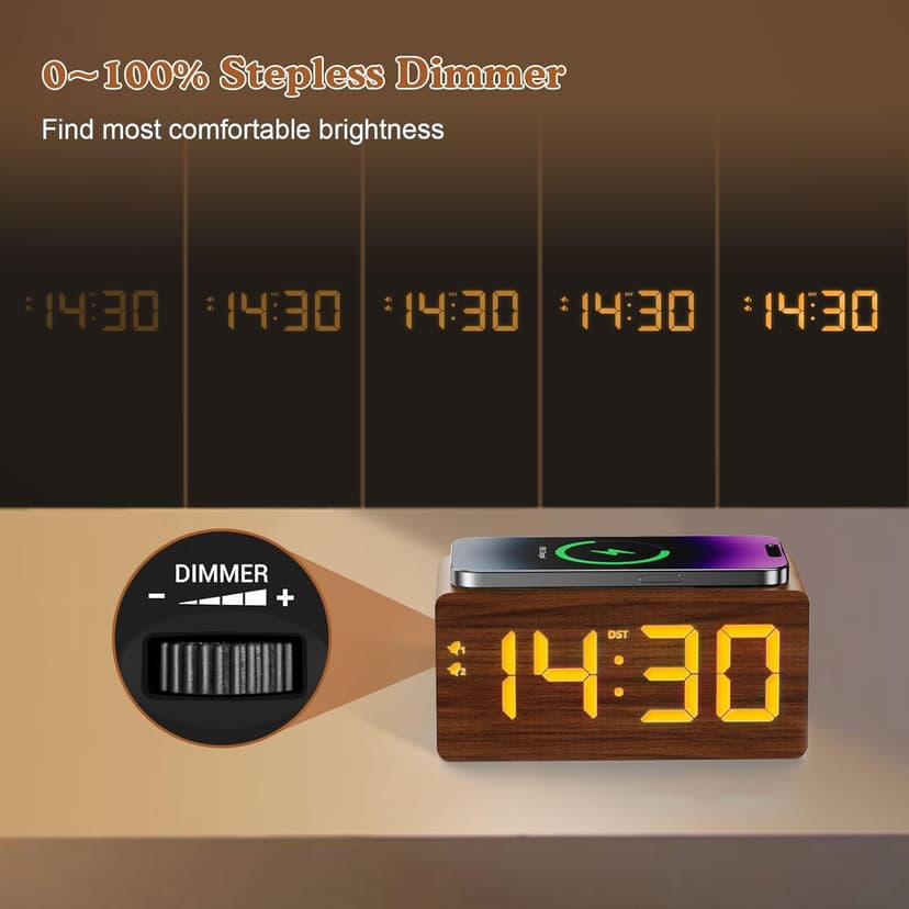 URAYCO Wood Digital Alarm Clock with 10W Fast Wireless Charger, USB Charging Ports, DST, Dimmable, Snooze, Large Number LED Display for Bedrooms, Desk, Living Room Table, Bedside, Nightstand (Brown)