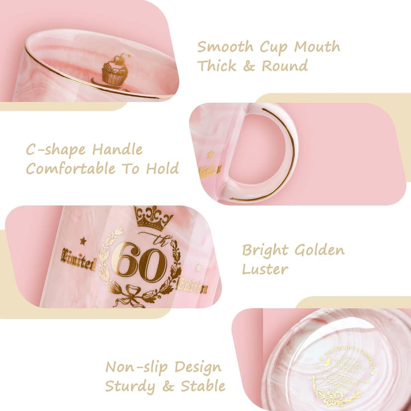 60th Birthday Gifts for Women - Fabulous 1965 Aged to Perfection Happy Birthday Mug - Limited Edition 60th Pink Coffee Mug Printed with Gold, Gift Idea for Turning 60 Years Old Women, Gift Boxed