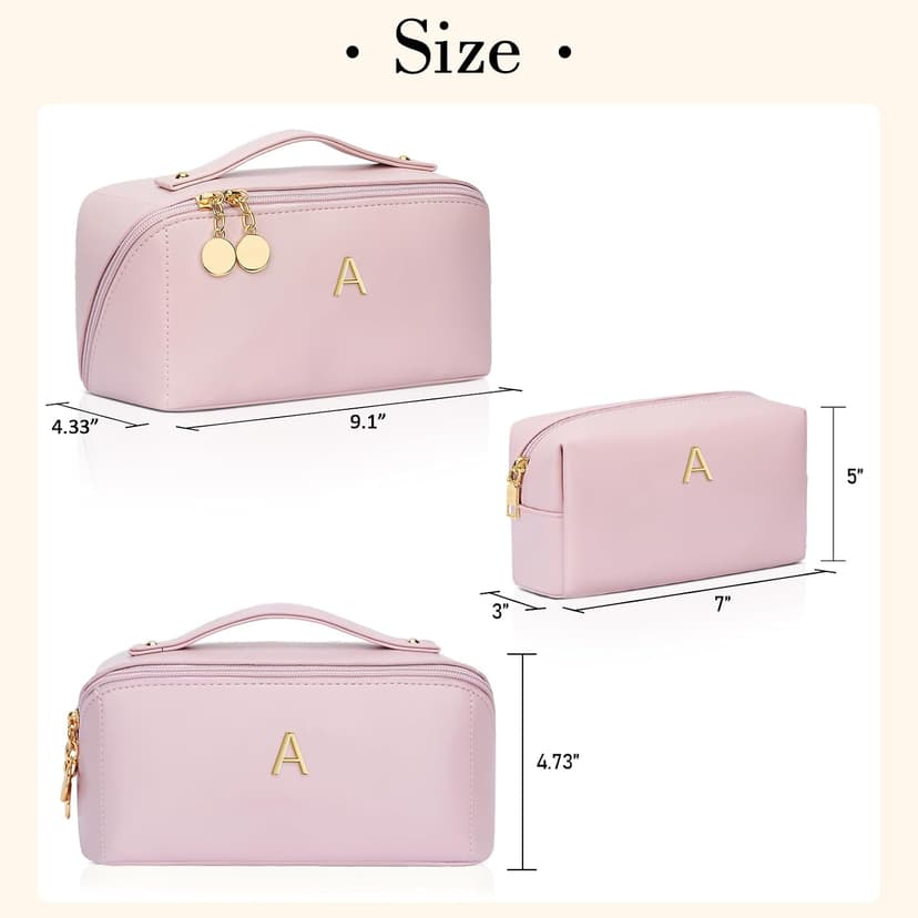 Waterproof PU Leather, Open Flat Design Cosmetic Bag, Multiple Compartments Travel Toiletry Bag (Pink, A) Initial Makeup Bag Personalized Gift for Women Teen Girls B0F26C313Y