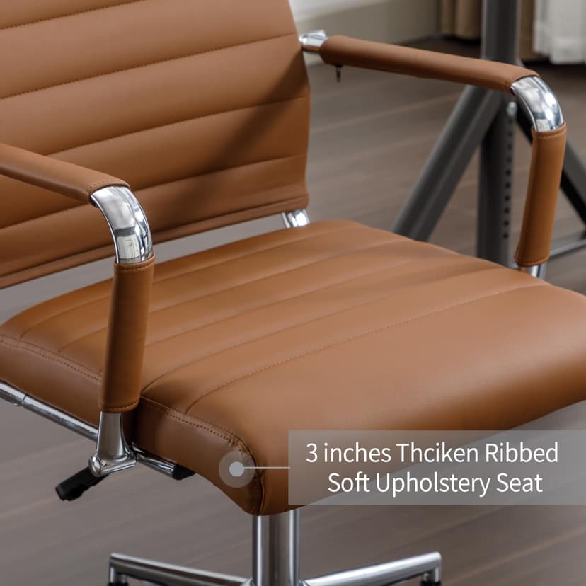 Office Desk Chair Leather, Conference Room Chairs with Wheels, Executive Modern High Back Ergonomic Swivel Rolling Ribbed Computer Chair(Brown)