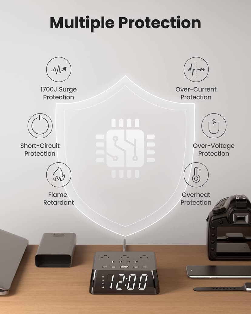 JACKYLED Alarm Clock with 4 USB Chargers Power Strip 3 Outlets 1700J Surge Protector Nightstand Dimmable Digital Clock with Dual Alarm and Snooze Function for Bedroom, Full Screen LED Display