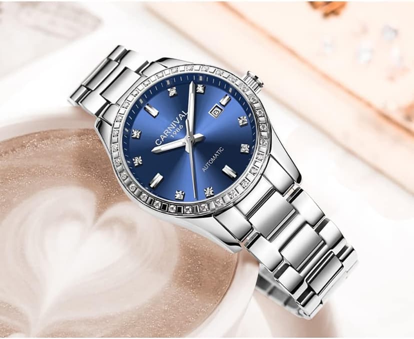 LOREO Women's Diamond Automatic Mechanical Rose Gold Stainless Steel Sapphire Waterproof Lady's Elegant Blue Watch