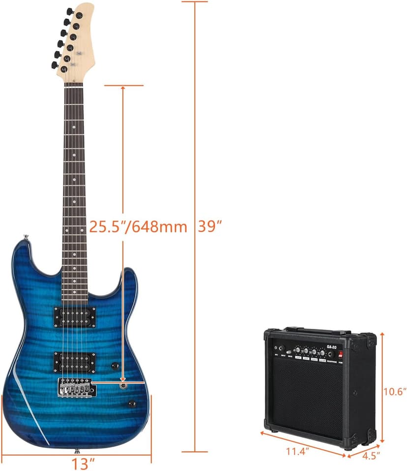 Ktaxon Electric Guitar Kit, 39 Inch H-H Pickups Beginner Electric Guitar Set with 20W Amplifier, Bag, Strap, Cable, Accessories for Adults & Teens (Tiger Blue)